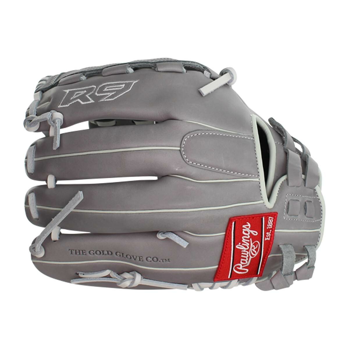 Rawlings R9 Softball 12" Infield/Pitcher Glove Gray/White RHT