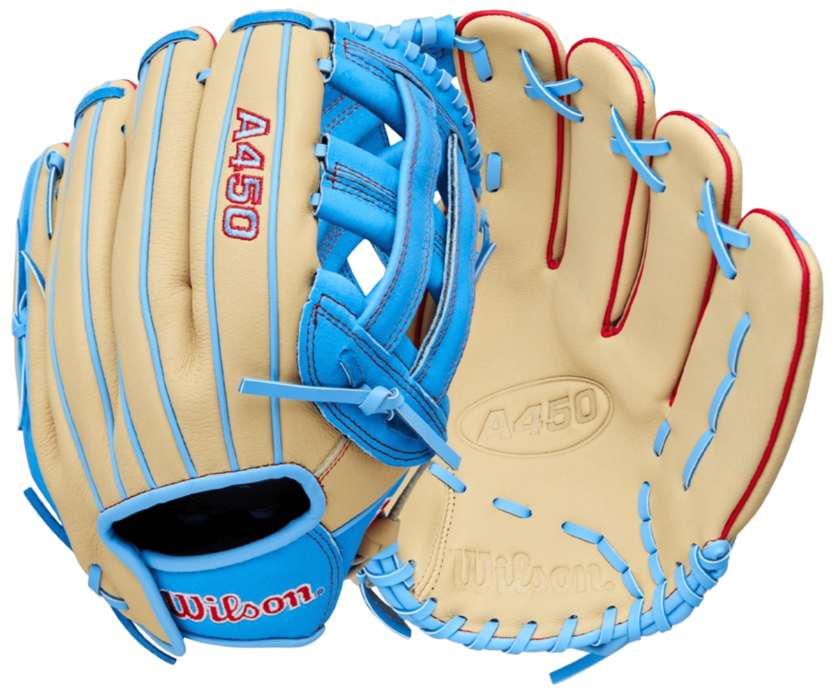 Wilson A450 12" Youth Outfield Glove Tan/Baby Blue/Red RHT