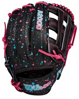 Wilson A2000 Fall 2024 Elly De La Cruz 12&rdquo; Infield Glove Black Super Snake Skin/Pink/Colombia Blue Splatter RHT