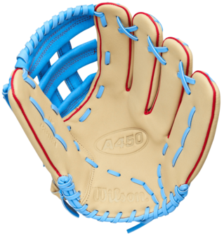 Wilson A450 12" Youth Outfield Glove Tan/Baby Blue/Red RHT
