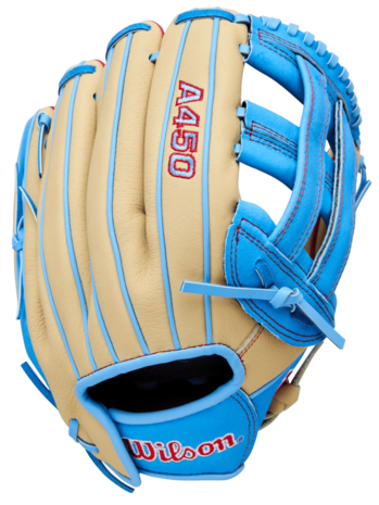 Wilson A450 12" Youth Outfield Glove Tan/Baby Blue/Red RHT