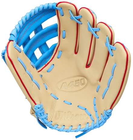 Wilson A450 12" Youth Outfield Glove Tan/Baby Blue/Red RHT