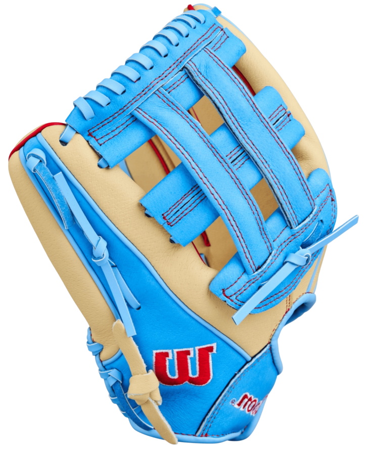 Wilson A450 12" Youth Outfield Glove Tan/Baby Blue/Red LHT